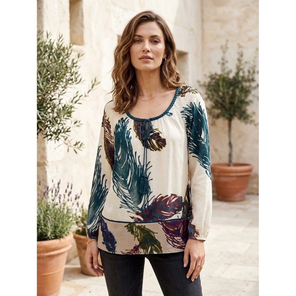 Hale Bob Silk Blend Burnout Velvet Feather Blouse Teal Purple Small